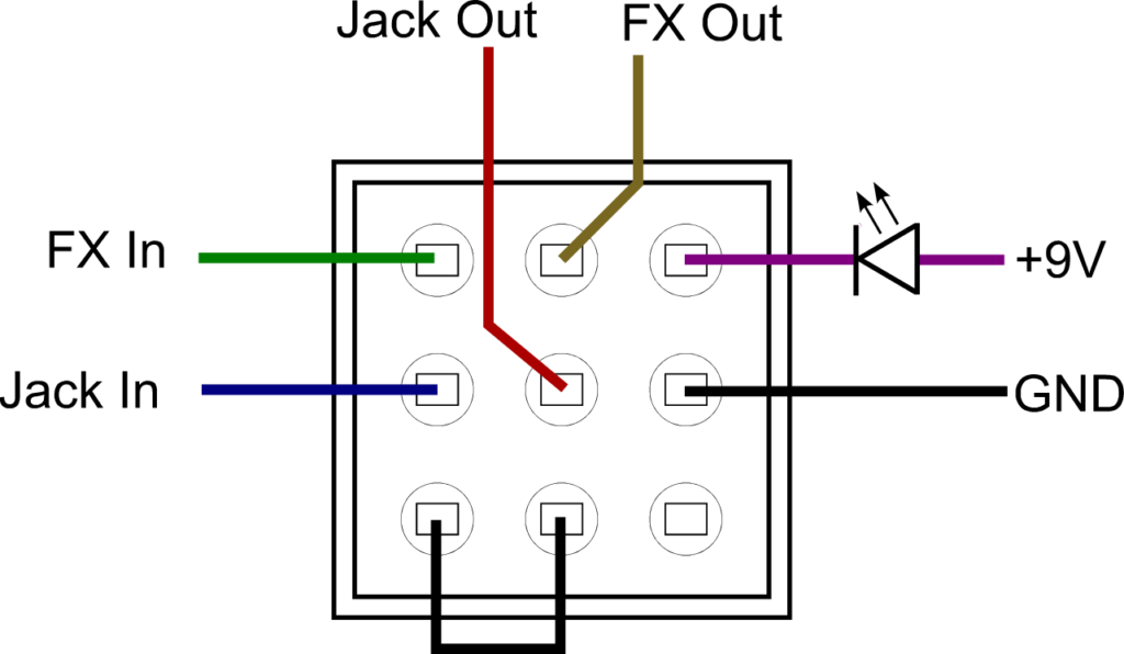 Example wiring of a 3PDT switch before Imp-3PDT installation