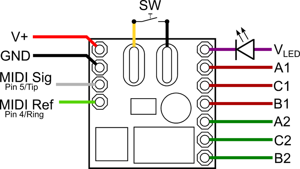 Wiring of the Im-2PDT MIDI relay.